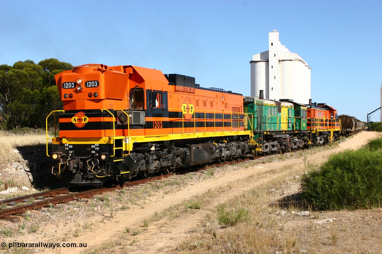 060111 2362
Kyancutta, ARG 1200 class unit 1203, a Clyde Engineering EMD model G12C serial 65-427, one of fourteen originally built between 1960-65 for WAGR as their A class A 1513, fitted with dynamic brakes and financed by Western Mining Corporation, started working on the Eyre Peninsula in November 2004.
Keywords: 1200-class;1203;Clyde-Engineering-Granville-NSW;EMD;G12C;65-427;A-class;A1513;