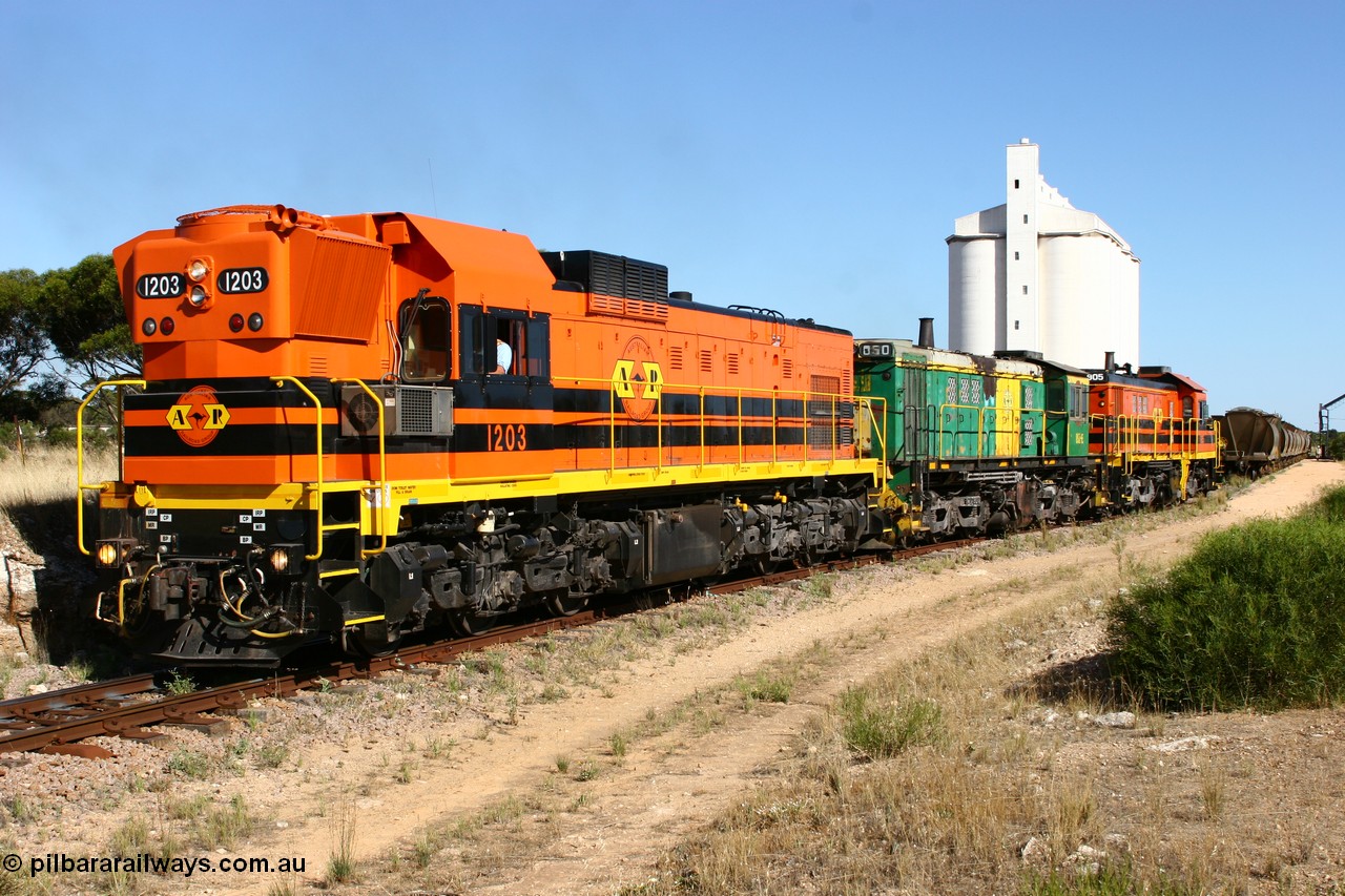 060111 2363
Kyancutta, ARG 1200 class unit 1203, a Clyde Engineering EMD model G12C serial 65-427, one of fourteen originally built between 1960-65 for WAGR as their A class A 1513, fitted with dynamic brakes and financed by Western Mining Corporation, started working on the Eyre Peninsula in November 2004.
Keywords: 1200-class;1203;Clyde-Engineering-Granville-NSW;EMD;G12C;65-427;A-class;A1513;