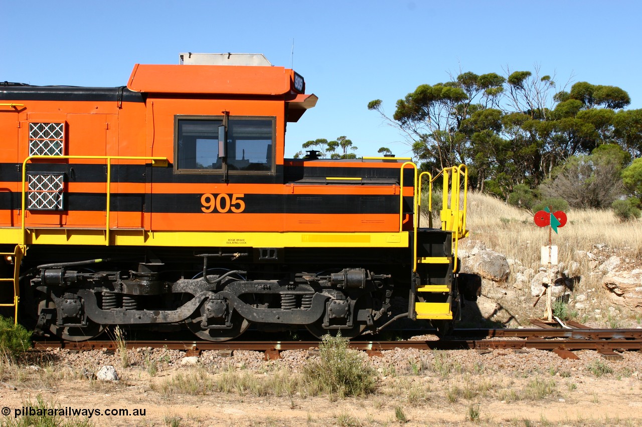 060111 2365
Kyancutta, ARG 900 class unit 905, originally built by AE Goodwin as 830 class unit 836 serial 83727, converted to DA class DA 6 by Australian National at Port Augusta workshops for driver only operation in 1996. Trailing unit in a north bound grain train. 11th January 2006.
Keywords: 900-class;905;AE-Goodwin;ALCo;DL531;83727;830-class;836;DA-class;DA6;