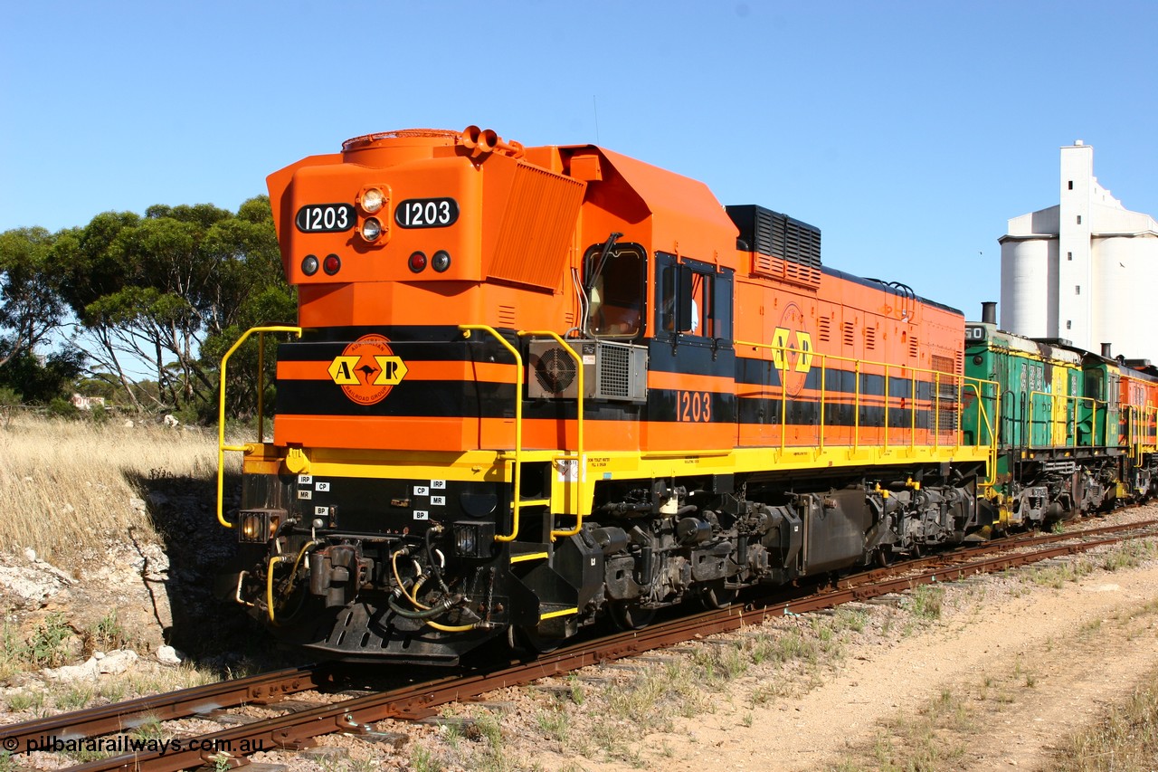 060111 2368
Kyancutta, ARG 1200 class unit 1203, a Clyde Engineering EMD model G12C serial 65-427, one of fourteen originally built between 1960-65 for WAGR as their A class A 1513, fitted with dynamic brakes and financed by Western Mining Corporation, started working on the Eyre Peninsula in November 2004.
Keywords: 1200-class;1203;Clyde-Engineering-Granville-NSW;EMD;G12C;65-427;A-class;A1513;