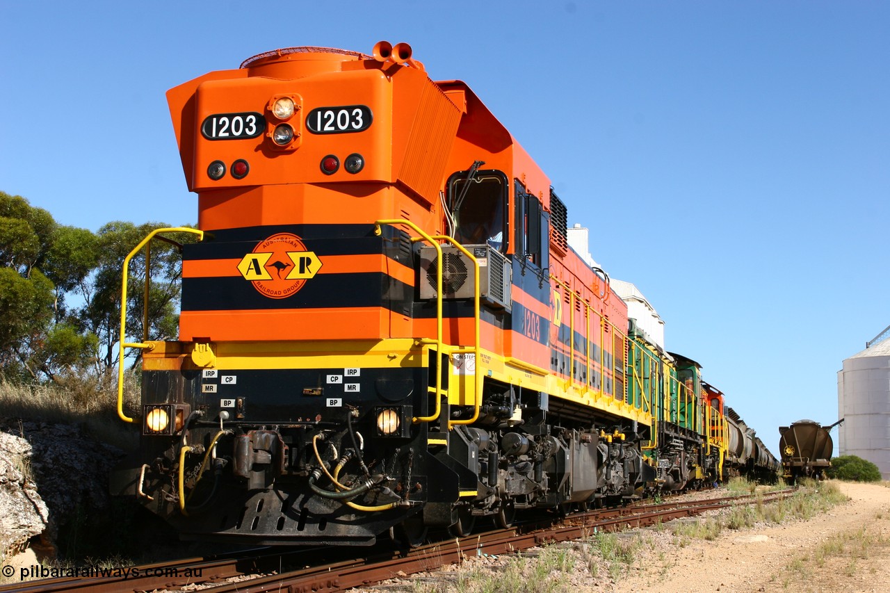 060111 2370
Kyancutta, ARG 1200 class unit 1203, a Clyde Engineering EMD model G12C serial 65-427, one of fourteen originally built between 1960-65 for WAGR as their A class A 1513, fitted with dynamic brakes and financed by Western Mining Corporation, started working on the Eyre Peninsula in November 2004.
Keywords: 1200-class;1203;Clyde-Engineering-Granville-NSW;EMD;G12C;65-427;A-class;A1513;
