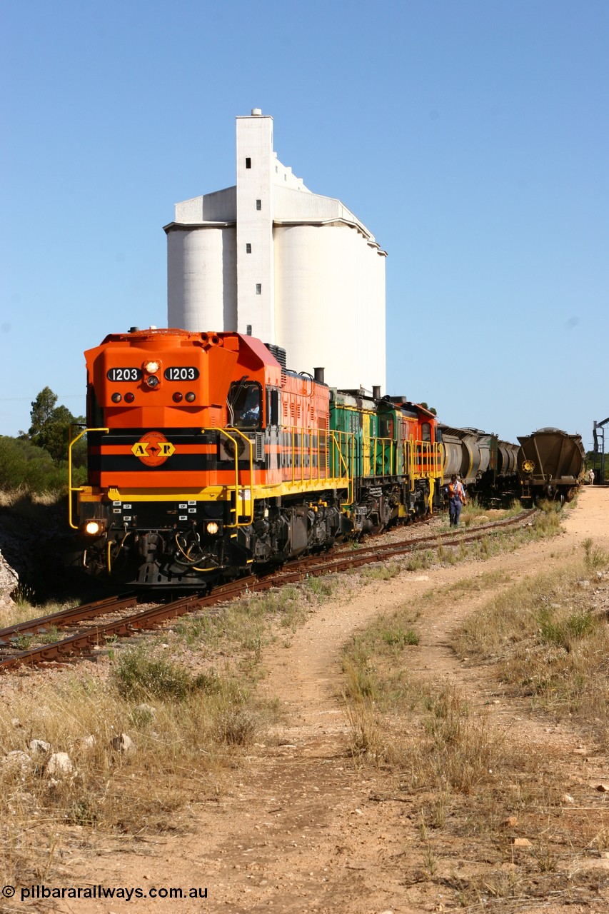 060111 2373
Kyancutta, ARG 1200 class unit 1203, a Clyde Engineering EMD model G12C serial 65-427, one of fourteen originally built between 1960-65 for WAGR as their A class A 1513, fitted with dynamic brakes and financed by Western Mining Corporation, started working on the Eyre Peninsula in November 2004.
Keywords: 1200-class;1203;Clyde-Engineering-Granville-NSW;EMD;G12C;65-427;A-class;A1513;