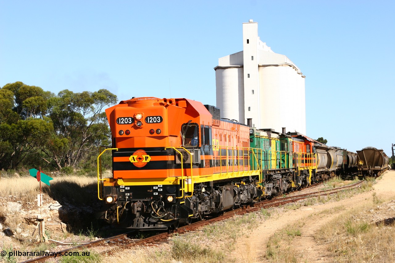 060111 2374
Kyancutta, ARG 1200 class unit 1203, a Clyde Engineering EMD model G12C serial 65-427, one of fourteen originally built between 1960-65 for WAGR as their A class A 1513, fitted with dynamic brakes and financed by Western Mining Corporation, started working on the Eyre Peninsula in November 2004.
Keywords: 1200-class;1203;Clyde-Engineering-Granville-NSW;EMD;G12C;65-427;A-class;A1513;
