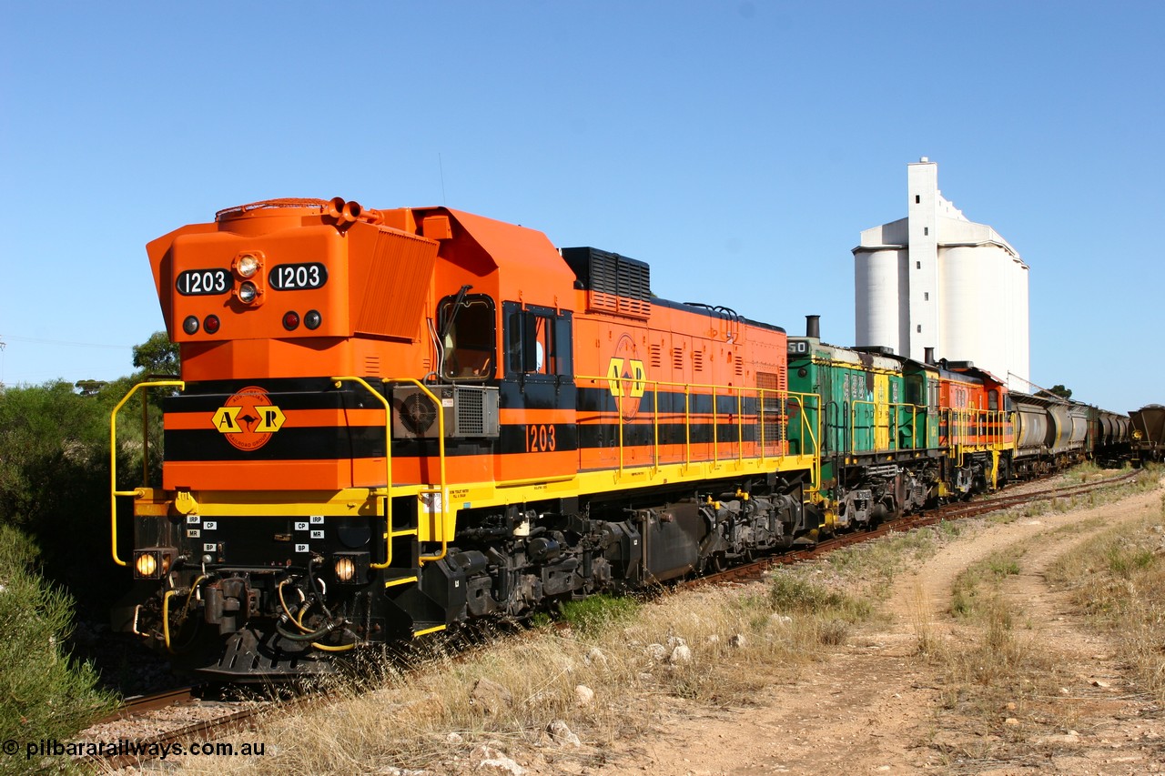 060111 2376
Kyancutta, ARG 1200 class unit 1203, a Clyde Engineering EMD model G12C serial 65-427, one of fourteen originally built between 1960-65 for WAGR as their A class A 1513, fitted with dynamic brakes and financed by Western Mining Corporation, started working on the Eyre Peninsula in November 2004.
Keywords: 1200-class;1203;Clyde-Engineering-Granville-NSW;EMD;G12C;65-427;A-class;A1513;