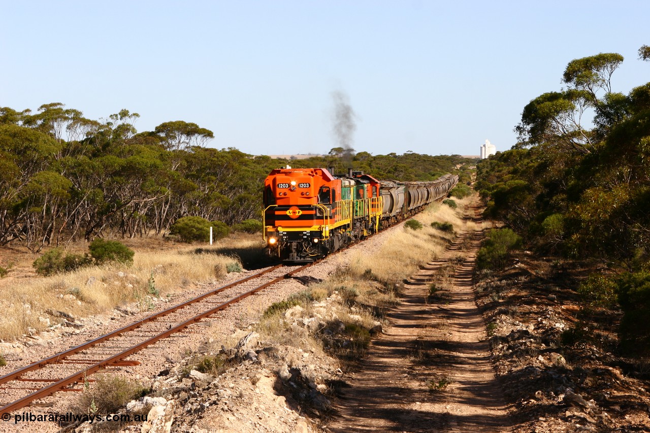060111 2380
Kyancutta, ARG 1200 class unit 1203, a Clyde Engineering EMD model G12C serial 65-427, one of fourteen originally built between 1960-65 for WAGR as their A class A 1513, fitted with dynamic brakes and financed by Western Mining Corporation, started working on the Eyre Peninsula in November 2004.
Keywords: 1200-class;1203;Clyde-Engineering-Granville-NSW;EMD;G12C;65-427;A-class;A1513;