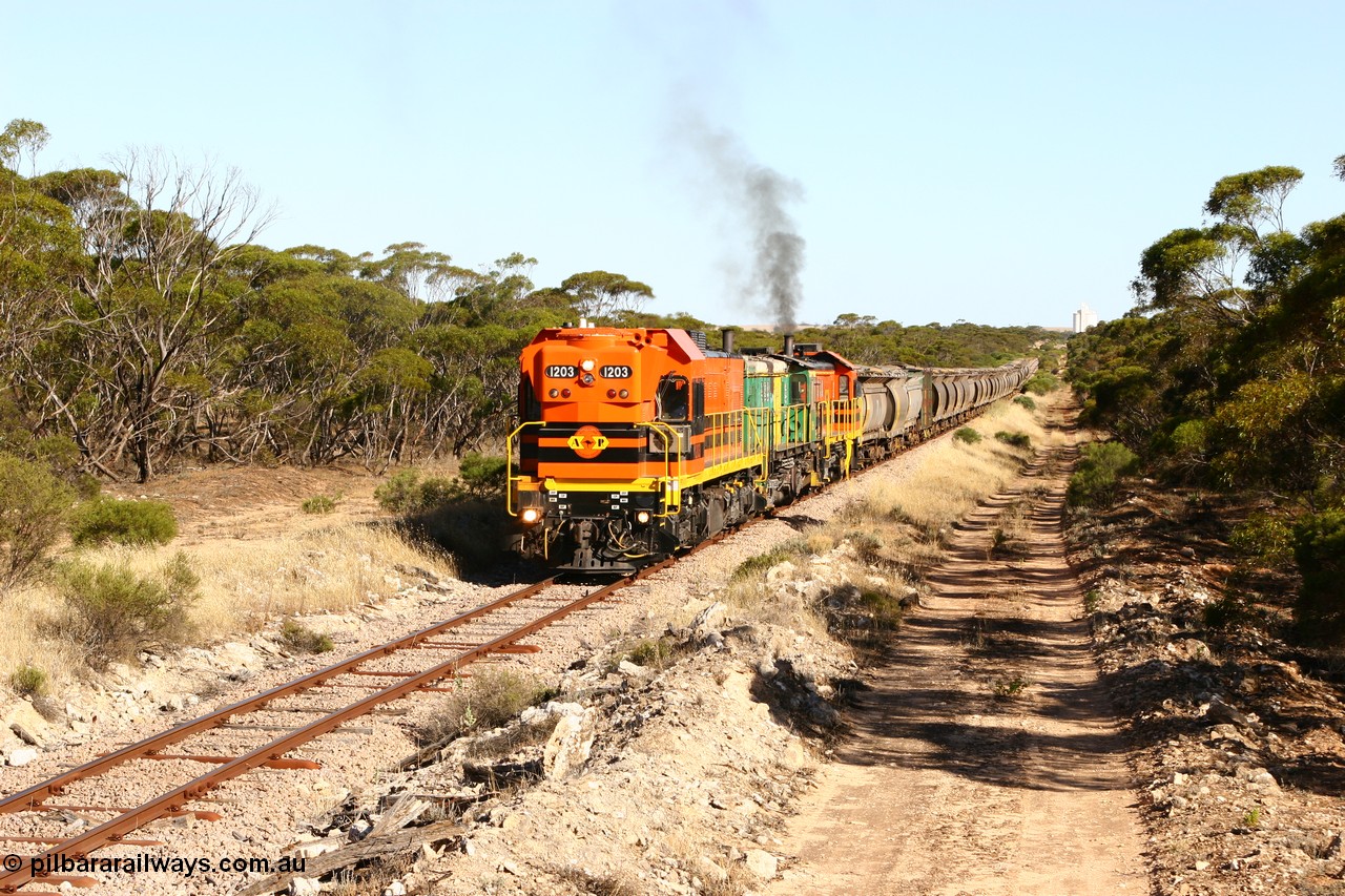 060111 2382
Kyancutta, ARG 1200 class unit 1203, a Clyde Engineering EMD model G12C serial 65-427, one of fourteen originally built between 1960-65 for WAGR as their A class A 1513, fitted with dynamic brakes and financed by Western Mining Corporation, started working on the Eyre Peninsula in November 2004.
Keywords: 1200-class;1203;Clyde-Engineering-Granville-NSW;EMD;G12C;65-427;A-class;A1513;