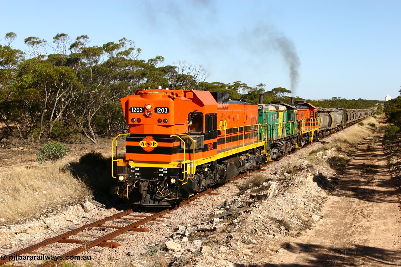 060111 2387
Kyancutta, ARG 1200 class unit 1203, a Clyde Engineering EMD model G12C serial 65-427, one of fourteen originally built between 1960-65 for WAGR as their A class A 1513, fitted with dynamic brakes and financed by Western Mining Corporation, started working on the Eyre Peninsula in November 2004.
Keywords: 1200-class;1203;Clyde-Engineering-Granville-NSW;EMD;G12C;65-427;A-class;A1513;