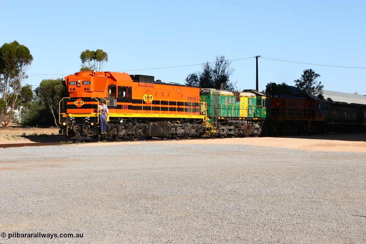 060111 2398
Wudinna, ARG 1200 class unit 1203, a Clyde Engineering EMD model G12C serial 65-427 is one of fourteen originally built between 1960-65 for WAGR as A class, A 1513, fitted with dynamic brakes and financed by Western Mining Corporation, it started working on the Eyre Peninsula in November 2004, here it and two ALCo units 850 and 905 have arrived on the grain loop and are about to run round the consist. 11th January 2006.
Keywords: 1200-class;1203;Clyde-Engineering-Granville-NSW;EMD;G12C;65-427;A-class;A1513;