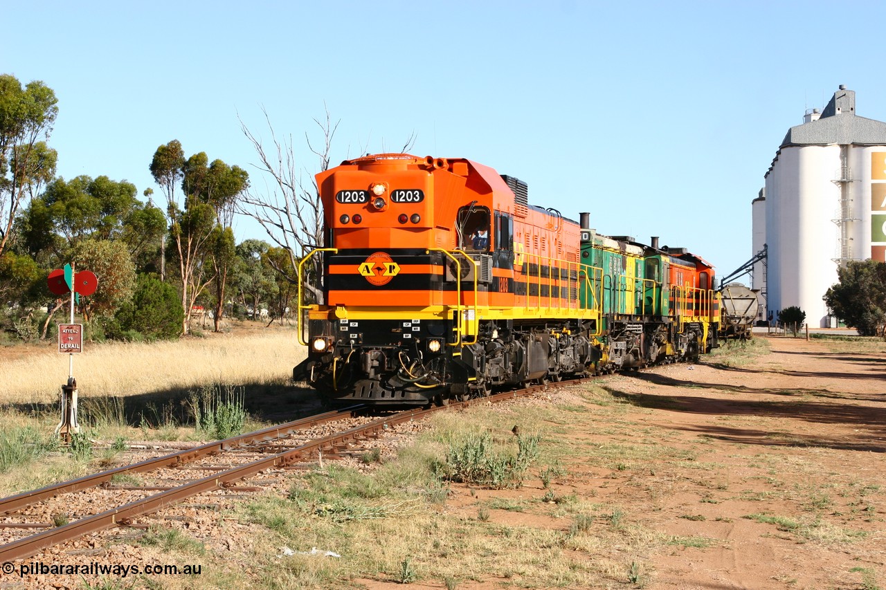 060111 2405
Wudinna, ARG 1200 class unit 1203, a Clyde Engineering EMD model G12C serial 65-427, one of fourteen originally built between 1960-65 for WAGR as their A class A 1513, fitted with dynamic brakes and financed by Western Mining Corporation, started working on the Eyre Peninsula in November 2004, shunts through the yard.
Keywords: 1200-class;1203;Clyde-Engineering-Granville-NSW;EMD;G12C;65-427;A-class;A1513;