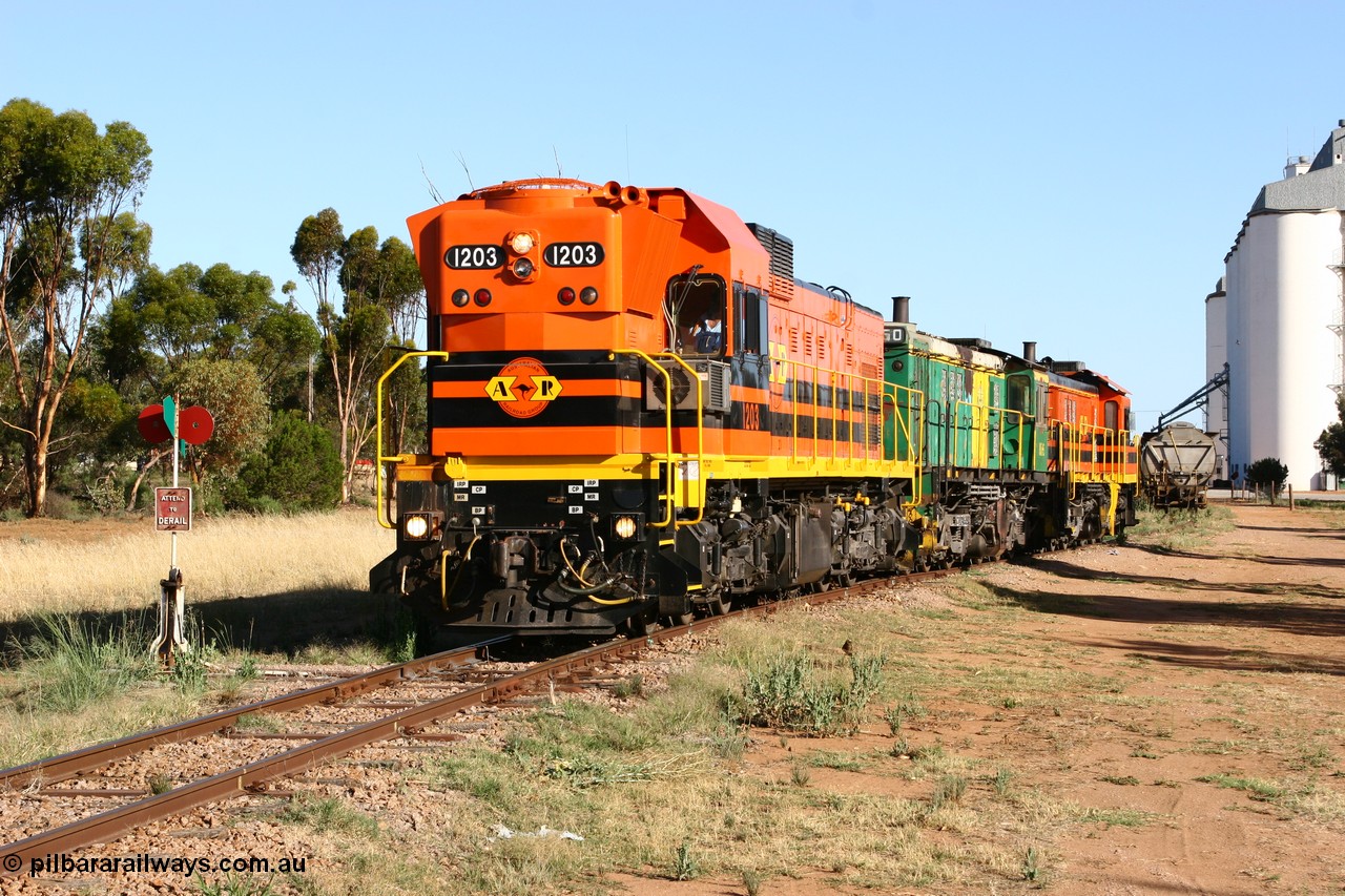 060111 2406
Wudinna, ARG 1200 class unit 1203, a Clyde Engineering EMD model G12C serial 65-427, one of fourteen originally built between 1960-65 for WAGR as their A class A 1513, fitted with dynamic brakes and financed by Western Mining Corporation, started working on the Eyre Peninsula in November 2004, shunts through the yard.
Keywords: 1200-class;1203;Clyde-Engineering-Granville-NSW;EMD;G12C;65-427;A-class;A1513;