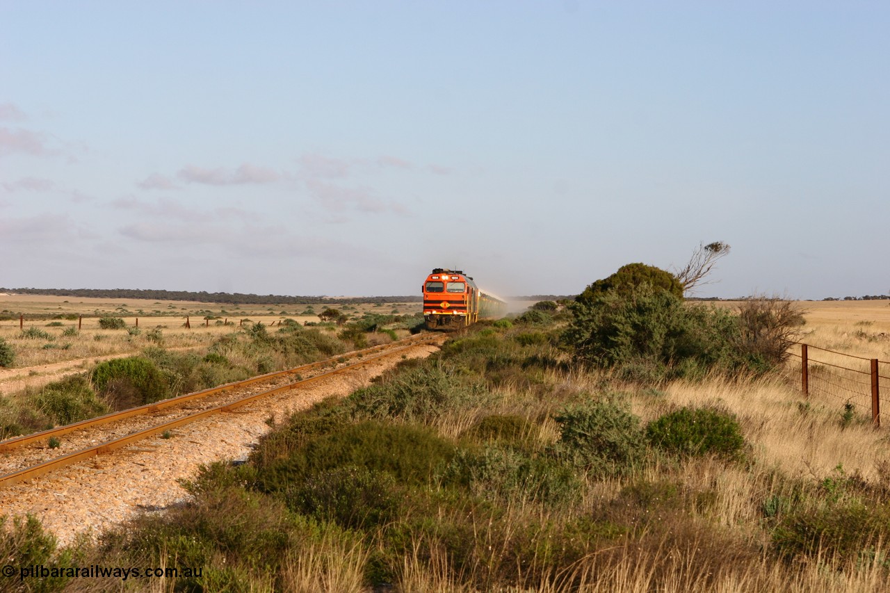 060113 2414
Ceduna, loaded gypsum train 6DD2 powers along the grades outside of town behind the triple 1600 / NJ class combination of 1604, NJ 3 and 1601 at 08:10 AM on the Friday the 13th January 2006.
Keywords: 1600-class;1604;Clyde-Engineering-Granville-NSW;EMD;JL22C;71-731;NJ-class;NJ4;