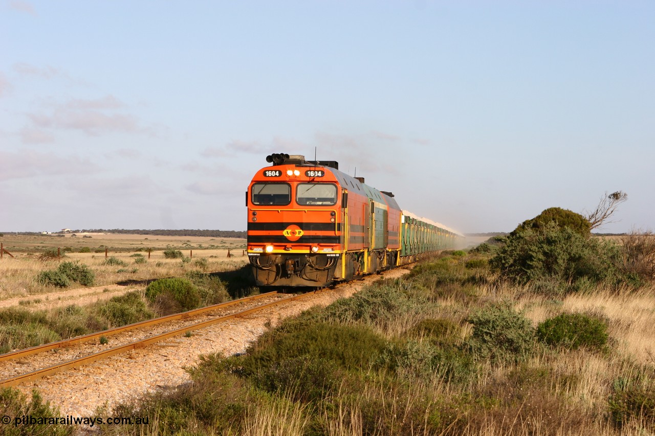 060113 2416
Ceduna, loaded gypsum train 6DD2 powers along the grades outside of town behind the triple 1600 / NJ class combination of 1604, NJ 3 and 1601 at 08:10 AM on the Friday the 13th January 2006.
Keywords: 1600-class;1604;Clyde-Engineering-Granville-NSW;EMD;JL22C;71-731;NJ-class;NJ4;