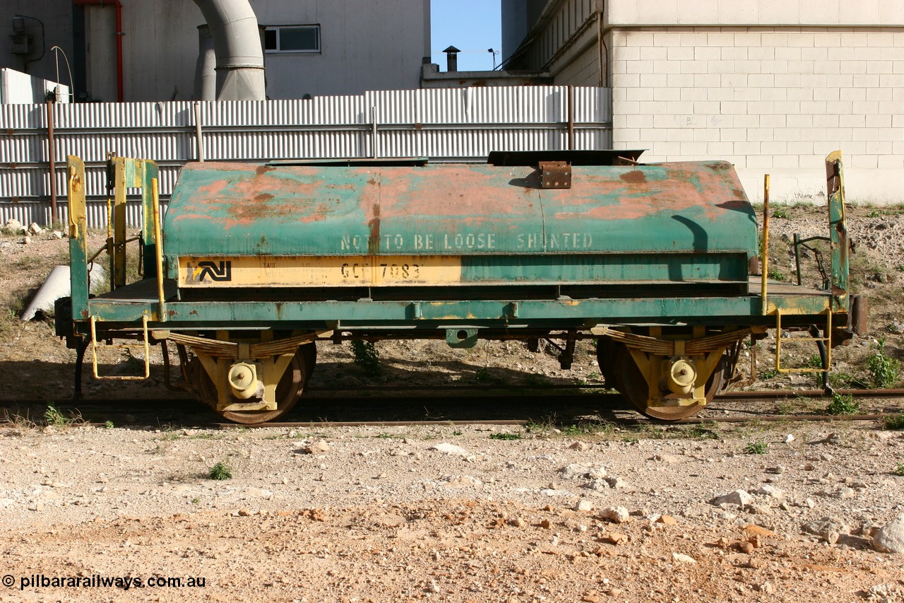 060113 2430
Thevenard, GCF type weighbridge test waggon GCF 7083, originally built by SAR Islington Workshops as an CFN type cattle waggon CFN 7083 in 1945 and sent new to EP Division, converted in 1969 to GCF sleeper transport waggon, then to a Shunters Runner c.1975 and to the current guise c.1996. [url=http://www.minnipasiding.com.au/peninsula-pioneer/rs-weigh-test.html]More details can be found for this waggon here[/url]. [url=https://goo.gl/maps/u2D4l]Seen here next to one of the silo complexes[/url].
Keywords: GCF-type;GCF7083;SAR-Islington-WS;CFN-type;CFN7083;