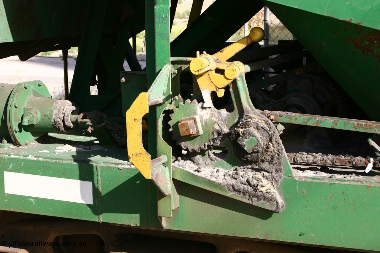 060113 2451
Thevenard, originally one of sixty two Kinki Sharyo built NH type waggons for the NAR in 1966 as NH 923, and recoded to ENH type ENH 23 in 1985, with hungry boards and access ladder intact. Exiting the [url=https://goo.gl/maps/5bEKt]Waratah Gypsum unloader[/url] and crossing Innes Avenue enroute into the yard. 13th January 2006.
Keywords: ENH-type;ENH23;Kinki-Sharyo-Japan;NH-type;NH923;