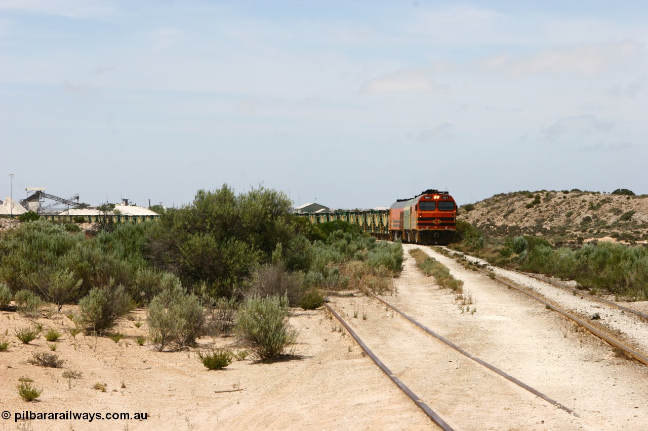 060113 2483
Kevin, ARG 1600 class narrow gauge loco 1604 a Clyde Engineering built EMD model JL22C serial 71-731, originally built for the Central Australia Railway in 1971, transferred to the Eyre Peninsula in 1981 arrives with empty gypsum train 6DD3. 13th January 2006.
Keywords: 1600-class;1604;Clyde-Engineering-Granville-NSW;EMD;JL22C;71-731;NJ-class;NJ4;
