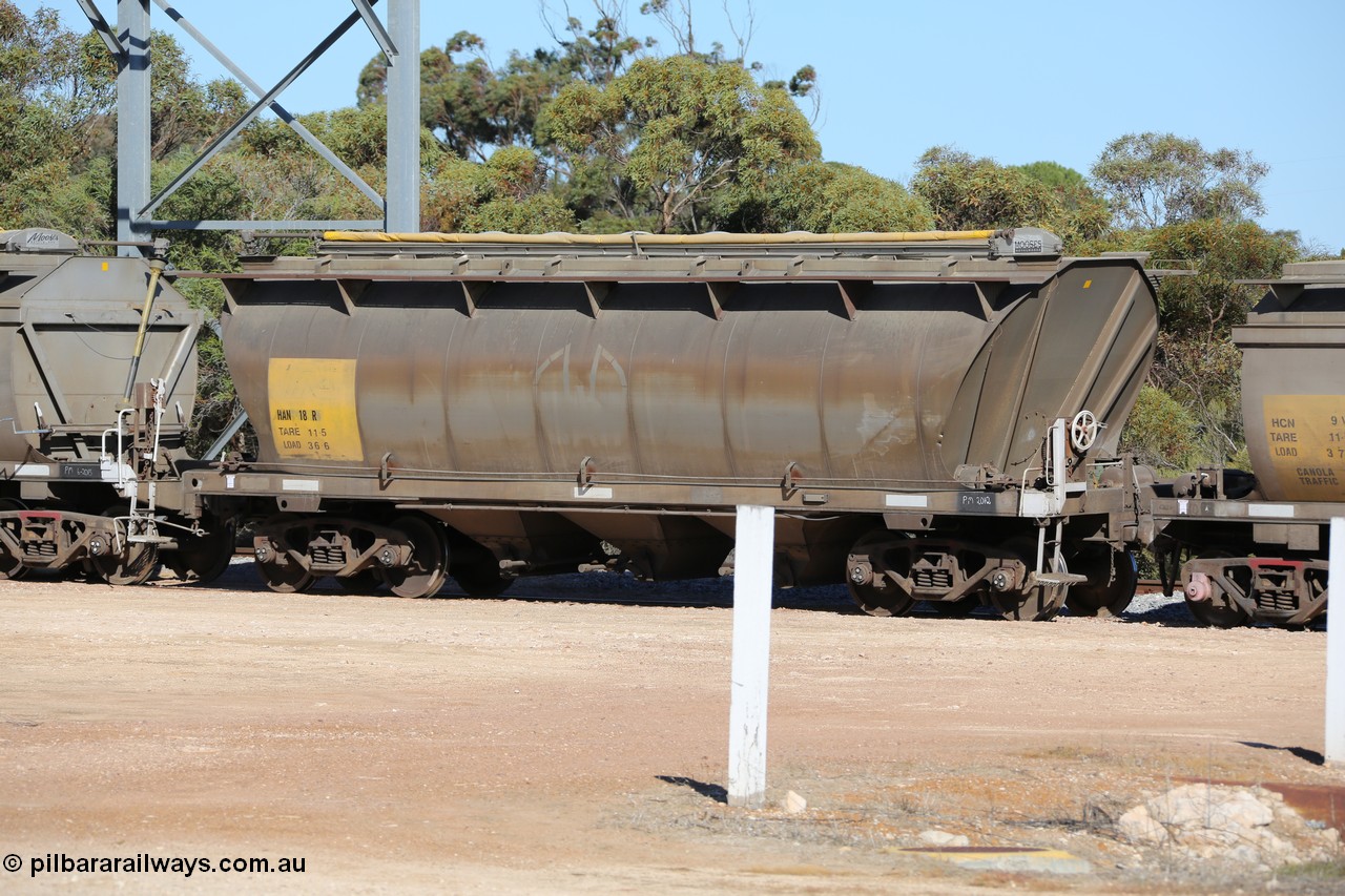 130703 0131
Murdinga, bogie grain hopper waggon HAN 18, one of sixty eight units built by South Australian Railways Islington Workshops between 1969 and 1973 as the HAN type for the Eyre Peninsula system. 3rd July 2013.
Keywords: HAN-type;HAN18;1969-73/68-18;SAR-Islington-WS;