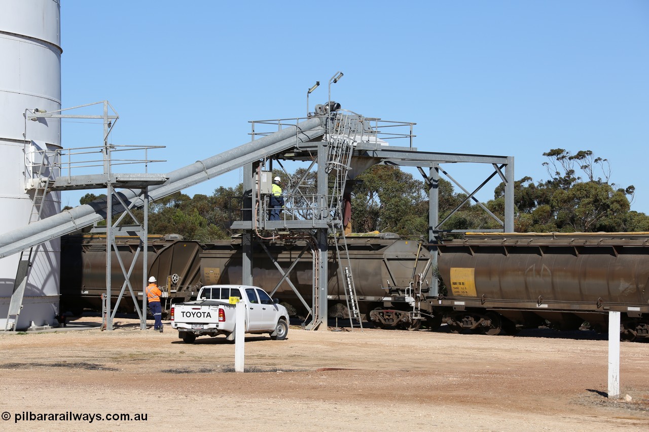 130703 0133
Murdinga, HCN type bogie grain hopper waggon HCN 20, originally an NHB type hopper built by Tulloch Ltd for the Commonwealth Railways North Australia Railway. One of forty rebuilt by Islington Workshops 1978-79 to the HCN type with a 36 ton rating, increased to 40 tonnes in 1984. Seen here being loaded with grain between two HAN type waggons with Moose Metalworks roll-top cover.
Keywords: HCN-type;HCN20;SAR-Islington-WS;rebuild;Tulloch-Ltd-NSW;NHB-type;NHB1594;