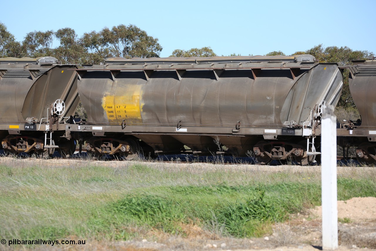 130703 0140
Murdinga, bogie grain hopper waggon HAN 47, one of sixty eight units built by South Australian Railways Islington Workshops between 1969 and 1973 as the HAN type for the Eyre Peninsula system.
Keywords: HAN-type;HAN47;1969-73/68-47;SAR-Islington-WS;
