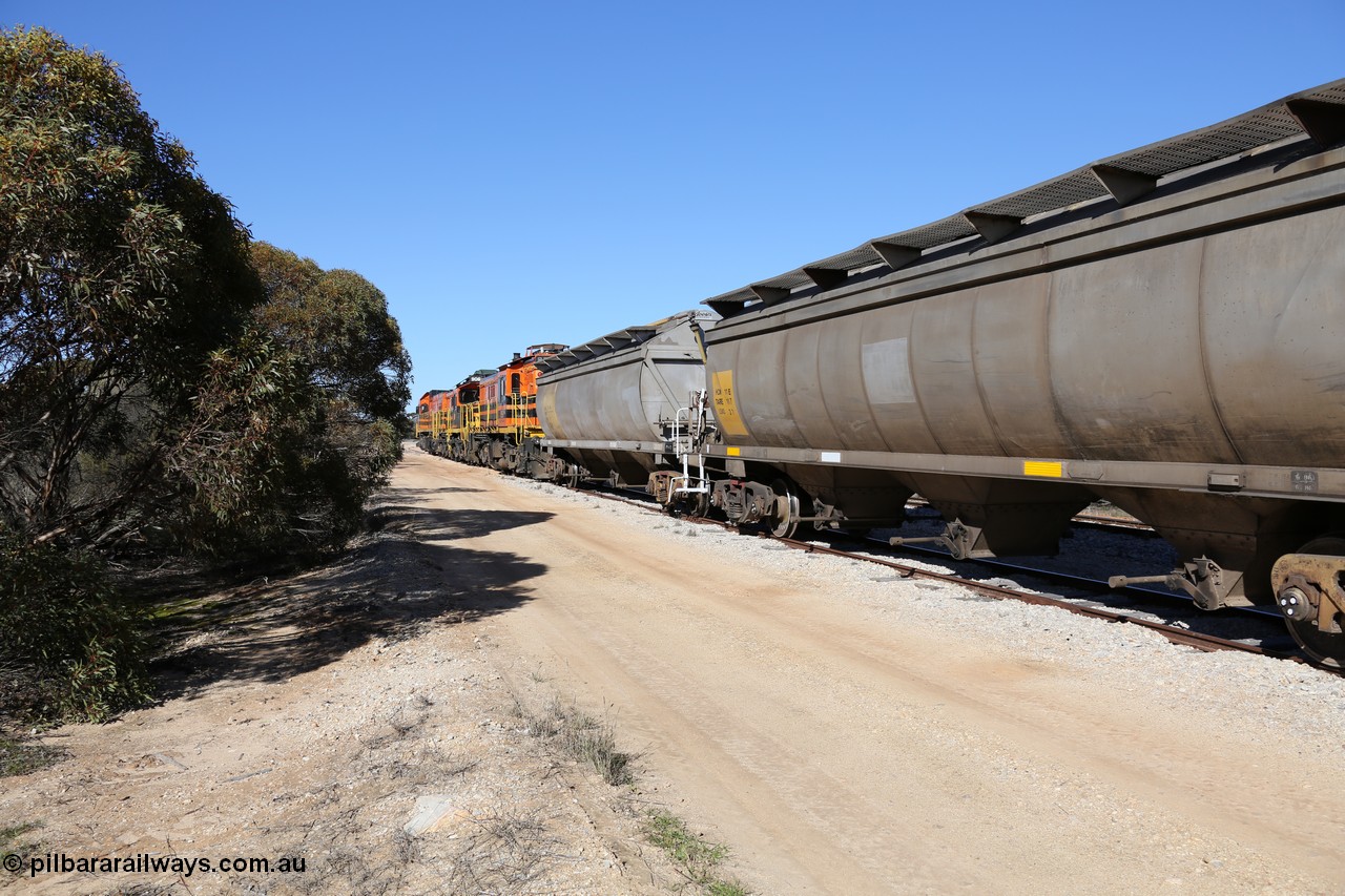 130703 0147
Murdinga, looking towards the front of the train with HCN type bogie grain hopper waggon HCN 11, originally an NHB type hopper built by Tulloch Ltd for the Commonwealth Railways North Australia Railway. One of forty rebuilt by Islington Workshops 1978-79 to the HCN type with a 36 ton rating, increased to 40 tonnes in 1984. Seen here loaded with grain with a Moose Metalworks roll-top cover. [url=https://goo.gl/maps/uDetNu8Kqon3CEMR6]Geo location[/url]. 3rd July 2013.
Keywords: HCN-type;HCN11;SAR-Islington-WS;rebuild;Tulloch-Ltd-NSW;NHB-type;NHB1007;