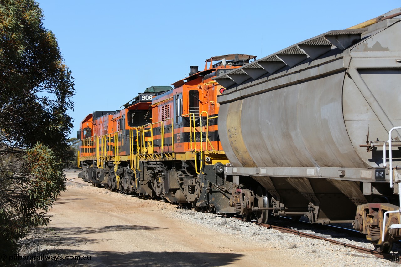 130703 0148
Murdinga, HCN type bogie grain hopper waggon HCN 12, originally an NHB type hopper built by Tulloch Ltd for the Commonwealth Railways North Australia Railway. One of forty rebuilt by Islington Workshops 1978-79 to the HCN type with a 36 ton rating, increased to 40 tonnes in 1984. Seen here loaded with grain with a Moose Metalworks roll-top cover. [url=https://goo.gl/maps/uDetNu8Kqon3CEMR6]Geo location[/url]. 3rd July 2013.
Keywords: HCN-type;HCN12;SAR-Islington-WS;rebuild;Tulloch-Ltd-NSW;NHB-type;NHB1591;