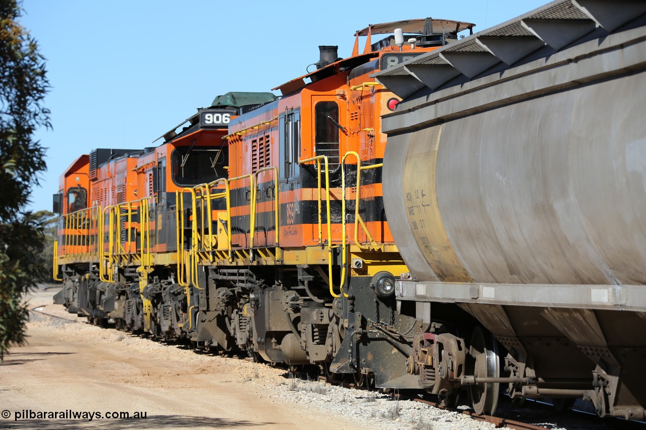 130703 0149
Murdinga, rear view of the three locomotives, 859 'City of Port Lincoln', 906 and 1203 on the lead. [url=https://goo.gl/maps/uDetNu8Kqon3CEMR6]Geo location[/url]. 3rd July 2013.
Keywords: 830-class;859;AE-Goodwin;ALCo;DL531;84705;