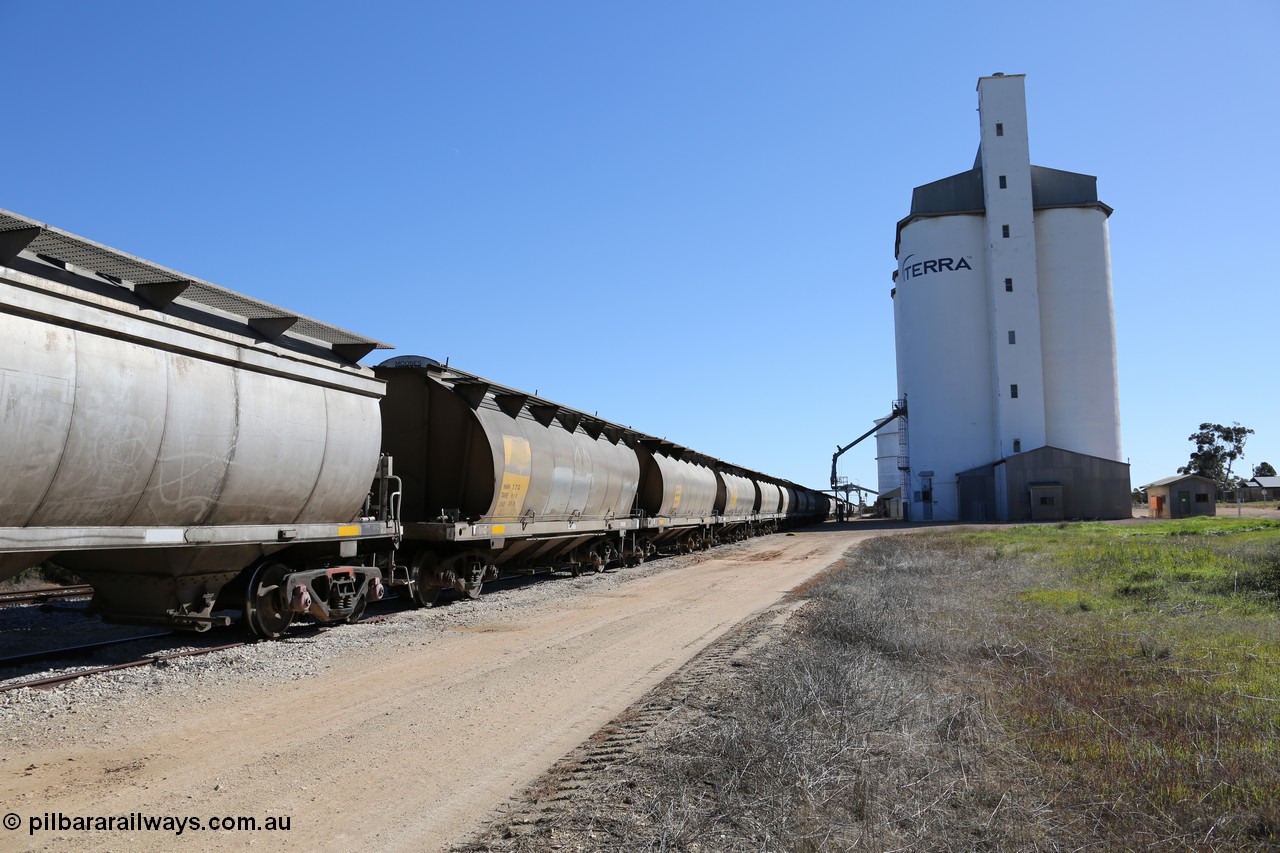 130703 0152
Murdinga, view looking north at the eight cell concrete silo complex built by SACBH with the Ascom silo visible behind and train being loaded in the siding. [url=https://goo.gl/maps/WFRgXQam4P4REFzu6]Geo location[/url]. 3rd July 2013.

