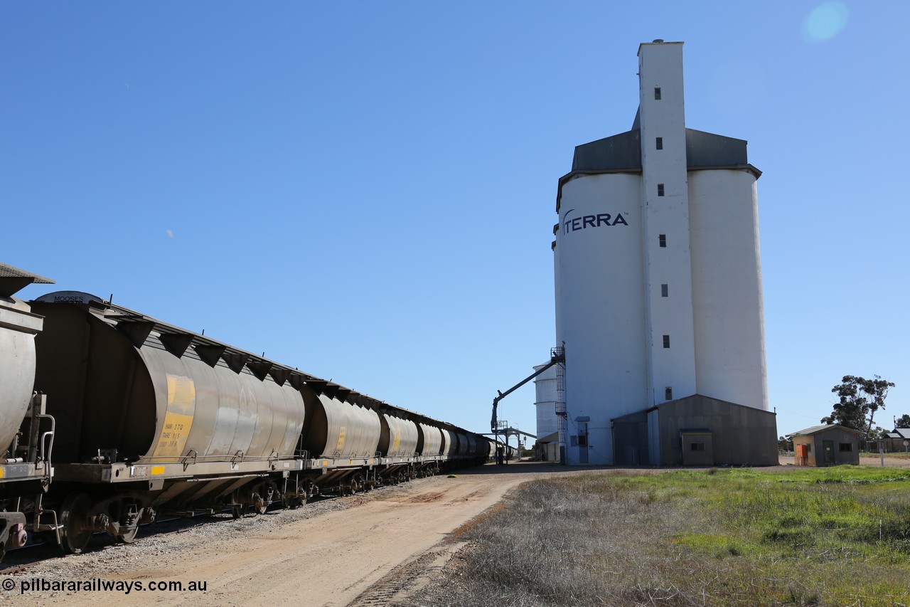 130703 0153
Murdinga, view looking north at the eight cell concrete silo complex built by SACBH with the Ascom silo visible behind and train being loaded in the siding. [url=https://goo.gl/maps/WFRgXQam4P4REFzu6]Geo location[/url]. 3rd July 2013.
