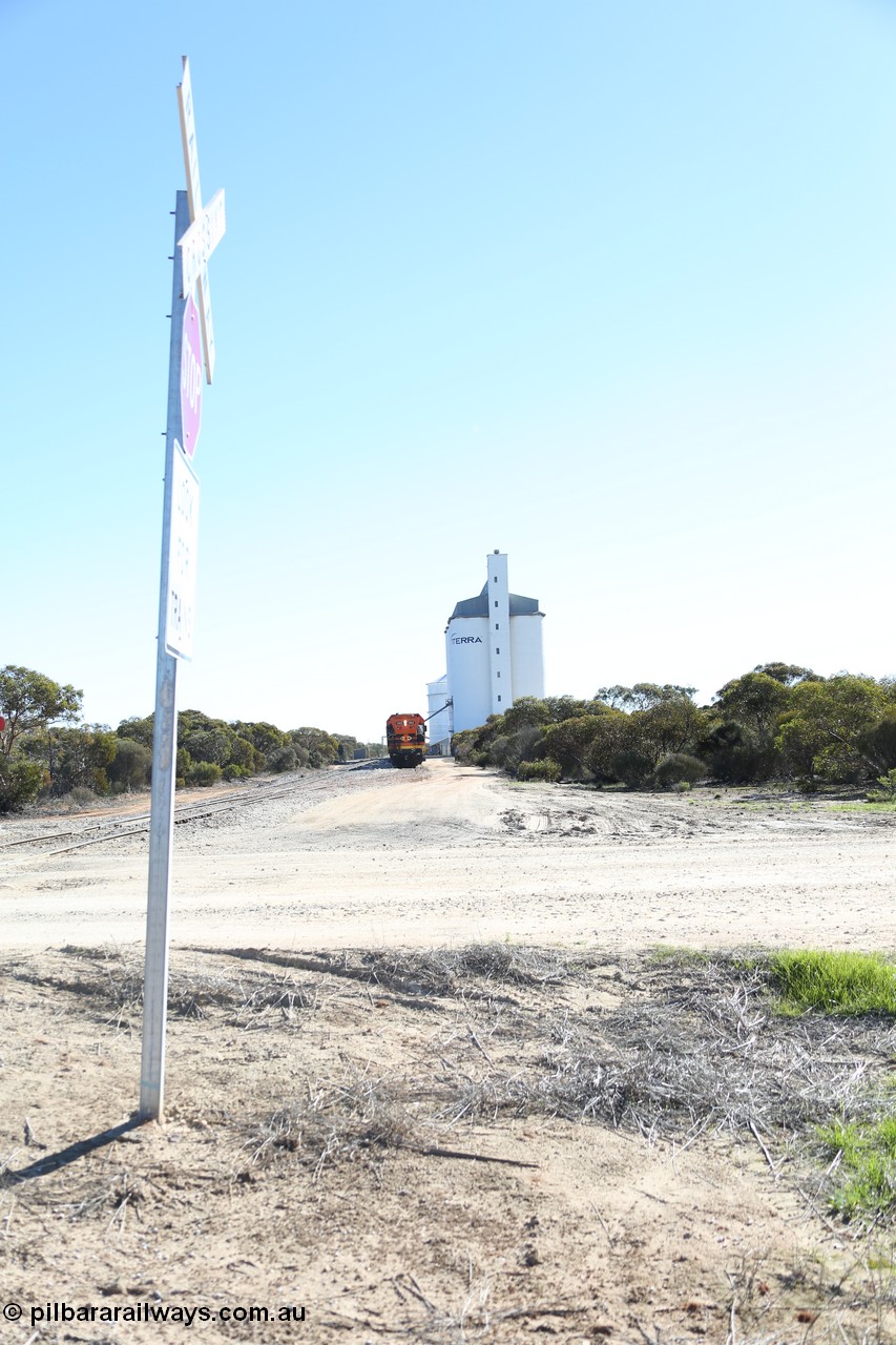 130703 0159
Murdinga, overview of the station yard looking north, Mallee style shelter train control building on the left, grain train loading on the siding, eight cell concrete grain silo complex with Ascom single cell behind it. [url=https://goo.gl/maps/LShPNnU33Qbmc1879]Geo location[/url]. 3rd July 2013.
