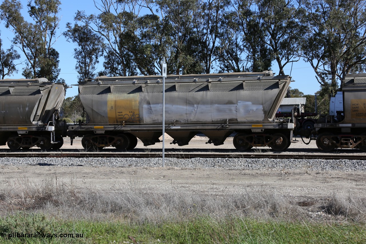 130703 0176
Tooligie, HAN type bogie grain hopper waggon HAN 68, final one of sixty eight units built by South Australian Railways Islington Workshops between 1969 and 1973 as the HAN type for the Eyre Peninsula system.
Keywords: HAN-type;HAN68;1969-73/68-68;SAR-Islington-WS;