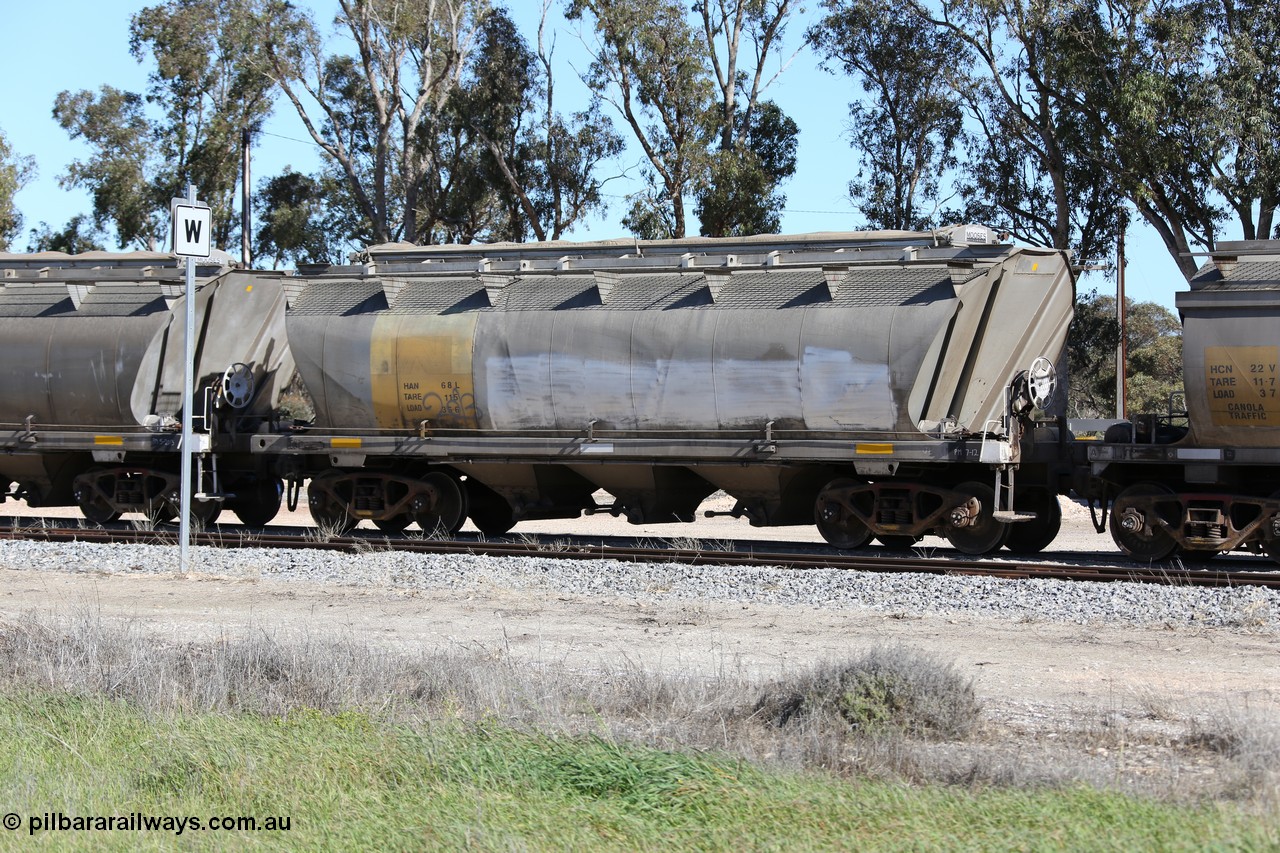130703 0177
Tooligie, HAN type bogie grain hopper waggon HAN 68, final one of sixty eight units built by South Australian Railways Islington Workshops between 1969 and 1973 as the HAN type for the Eyre Peninsula system.
Keywords: HAN-type;HAN68;1969-73/68-68;SAR-Islington-WS;