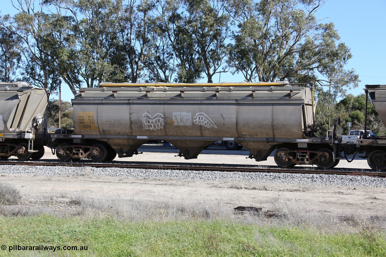 130703 0178
Tooligie, HCN type bogie grain hopper waggon HCN 22, originally an NHB type hopper built by Tulloch Ltd for the Commonwealth Railways North Australia Railway. One of forty rebuilt by Islington Workshops 1978-79 to the HCN type with a 36 ton rating, increased to 40 tonnes in 1984. Seen here loaded with grain with a Moose Metalworks roll-top cover.
Keywords: HCN-type;HCN22;SAR-Islington-WS;rebuild;Tulloch-Ltd-NSW;NHB-type;NHB1576;