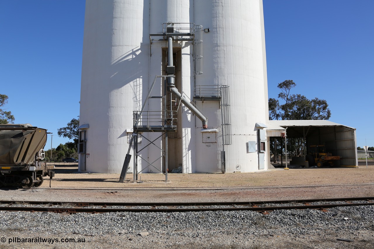 130703 0196
Tooligie, overview of the four cell concrete grain silo complex with the loading spout, dual unloading grids on the right where the shunting tractor is parked. [url=https://goo.gl/maps/6A5RxaKuZzx26s9j6]Geo location[/url]. 3rd July 2013.
