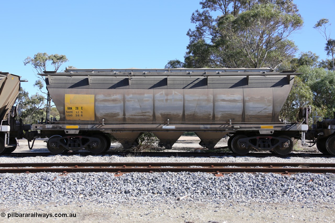 130703 0206
Tooligie, HAN type bogie grain hopper waggon HAN 28, one of sixty eight units built by South Australian Railways Islington Workshops between 1969 and 1973 as the HAN class for the Eyre Peninsula system.
Keywords: HAN-type;HAN28;1969-73/68-28;SAR-Islington-WS;