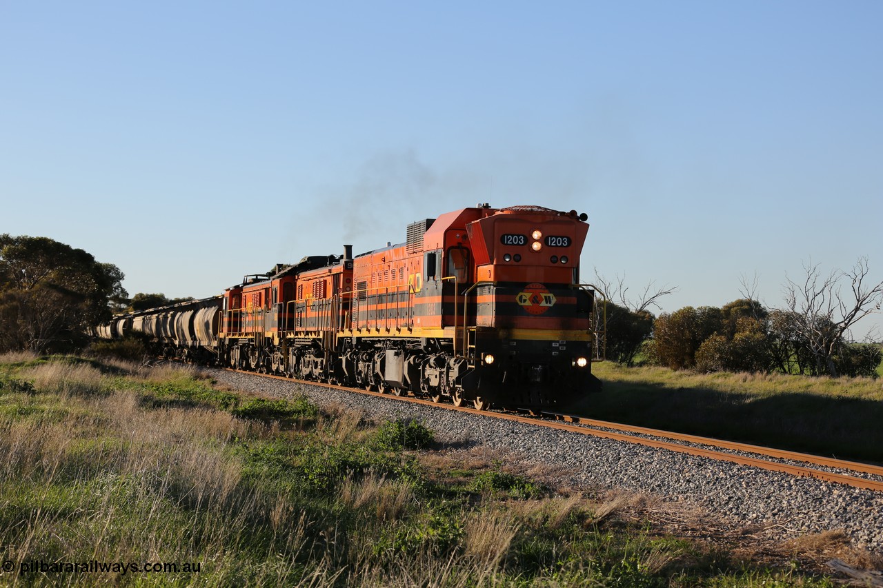 130703 0254
Kaldow, running south with the sun behind it is 1200 class 1204 a Clyde Engineering built EMD G12C model with serial 65-428 leading two ALCo units and was originally built in 1965 for Western Mining Corporation and operated by the WAGR as their A class A 1513. It came to the Eyre Peninsula in October 2004. [url=https://goo.gl/maps/FnDpXh45LbN7scrt5]Geo location[/url]. 3rd July 2013.
Keywords: 1200-class;1203;Clyde-Engineering-Granville-NSW;EMD;G12C;65-427;A-class;A1513;