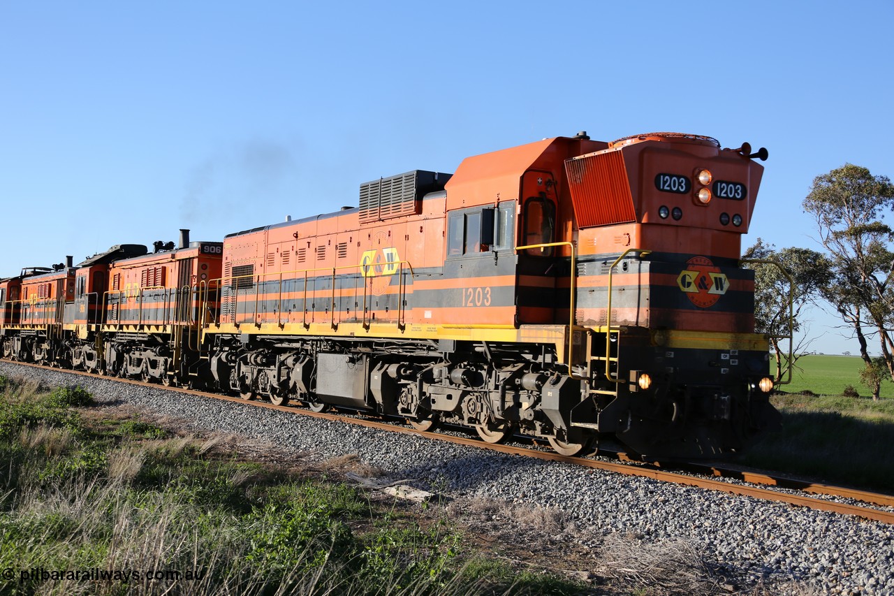 130703 0258
Kaldow, running south with the sun behind it is 1200 class 1204 a Clyde Engineering built EMD G12C model with serial 65-428 leading two ALCo units and was originally built in 1965 for Western Mining Corporation and operated by the WAGR as their A class A 1513. It came to the Eyre Peninsula in October 2004. [url=https://goo.gl/maps/FnDpXh45LbN7scrt5]Geo location[/url]. 3rd July 2013.
Keywords: 1200-class;1203;Clyde-Engineering-Granville-NSW;EMD;G12C;65-427;A-class;A1513;