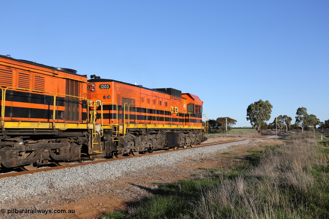 130703 0259
Kaldow, running south with the sun behind it is 1200 class 1204 a Clyde Engineering built EMD G12C model with serial 65-428 leading two ALCo units and was originally built in 1965 for Western Mining Corporation and operated by the WAGR as their A class A 1513. It came to the Eyre Peninsula in October 2004. [url=https://goo.gl/maps/FnDpXh45LbN7scrt5]Geo location[/url]. 3rd July 2013.
Keywords: 1200-class;1203;Clyde-Engineering-Granville-NSW;EMD;G12C;65-427;A-class;A1513;