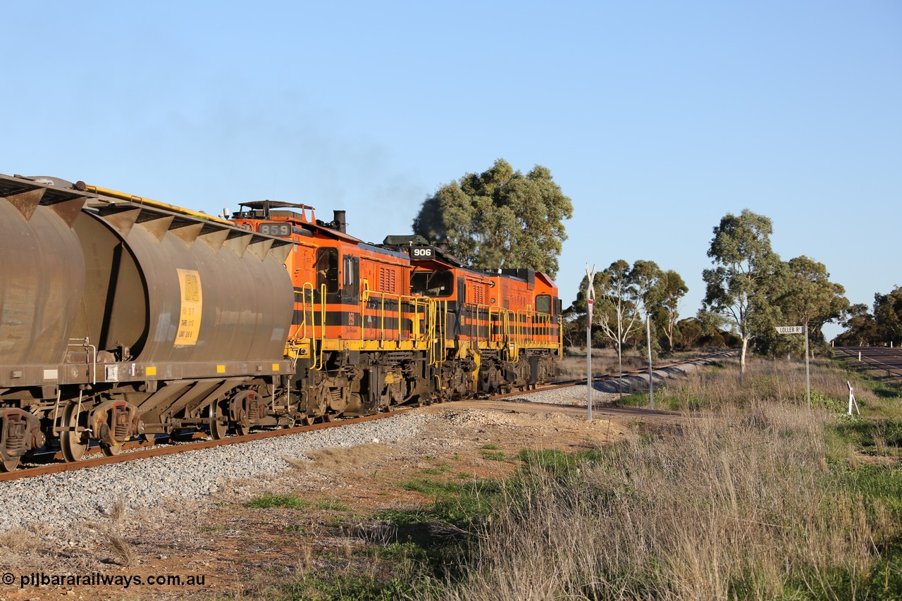 130703 0264
Kaldow, Port Lincoln bound loaded grain train crossing Loller Road grade crossing with EMD 1200 class 1204 leading two ALCo units, rebuilt 906 and 851. 3rd July 2013.
