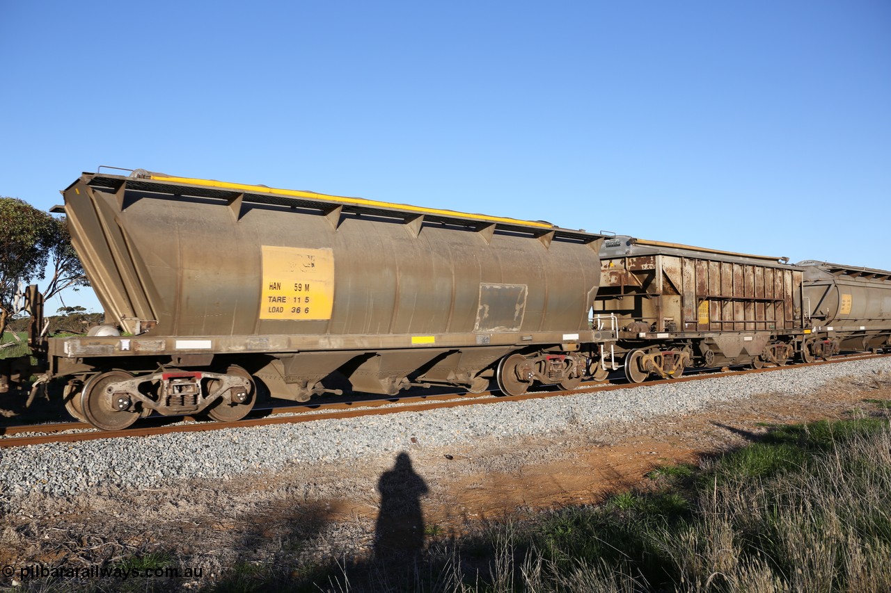 130703 0266
Kaldow, HAN type bogie grain hopper waggon HAN 59, one of sixty eight units built by South Australian Railways Islington Workshops between 1969 and 1973 as the HAN type for the Eyre Peninsula system. 3rd July 2013.
Keywords: HAN-type;HAN59;1969-73/68-59;SAR-Islington-WS;