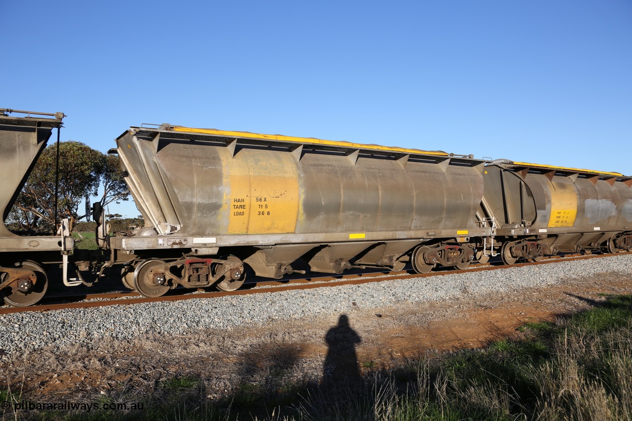 130703 0269
Kaldow, HAN type bogie grain hopper waggon HAN 56, one of sixty eight units built by South Australian Railways Islington Workshops between 1969 and 1973 as the HAN type for the Eyre Peninsula system.
Keywords: HAN-type;HAN56;1969-73/68-56;SAR-Islington-WS;