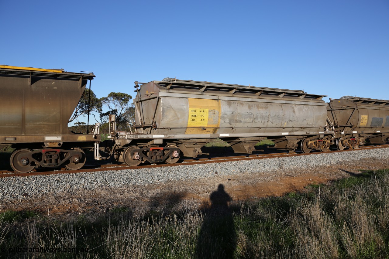 130703 0275
Kaldow, HCN type bogie grain hopper waggon HCN 4, originally an NHB type hopper built by Tulloch Ltd for the Commonwealth Railways North Australia Railway. One of forty rebuilt by Islington Workshops 1978-79 to the HCN type with a 36 ton rating, increased to 40 tonnes in 1984. Seen here loaded with grain with a Moose Metalworks roll-top cover.
Keywords: HCN-type;HCN4;SAR-Islington-WS;rebuild;Tulloch-Ltd-NSW;NHB-type;NHB1017;