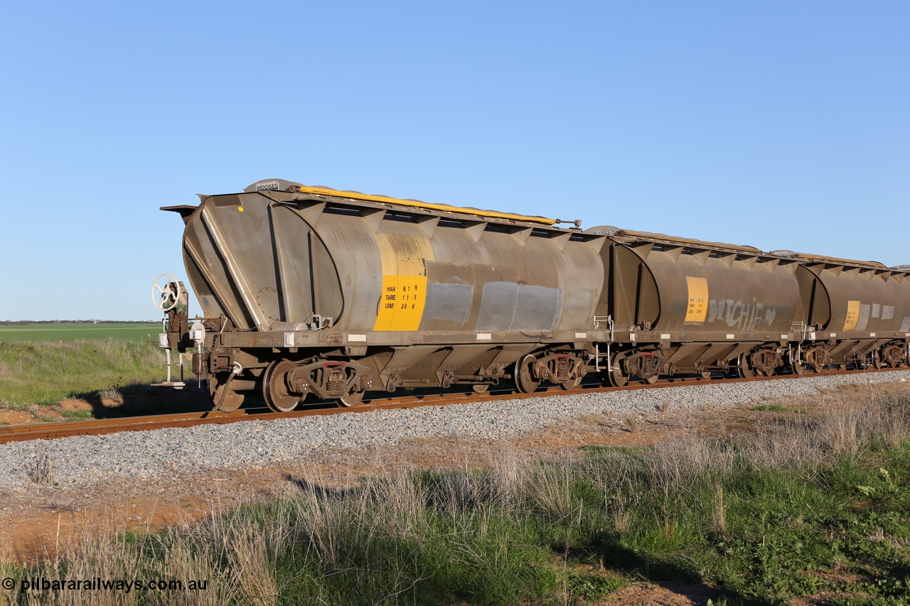 130703 0304
Kaldow, HAN type bogie grain hopper waggon HAN 61, one of sixty eight units built by South Australian Railways Islington Workshops between 1969 and 1973 as the HAN type for the Eyre Peninsula system.
Keywords: HAN-type;HAN61;1969-73/68-61;SAR-Islington-WS;