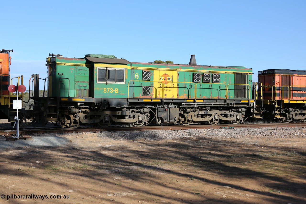 130704 0377
Kyancutta, former Australian National narrow gauge 830 class locomotive 873, an AE Goodwin built ALCo DL531 model with serial G3422-3 built new for the SAR in 1966 and delivered new to Port Lincoln in April 1966 with decals for current owner Genesee & Wyoming, it has spent it's whole working life on the Eyre Peninsula. 4th July 2013.
Keywords: 830-class;873;AE-Goodwin;ALCo;DL531;G3422-3;