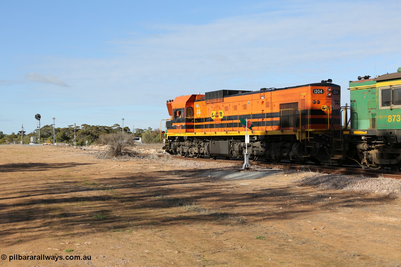 130704 0379
Kyancutta, 1200 class unit 1204 wearing current owner Genesee & Wyoming livery is a Clyde Engineering built EMD G12C model with serial 65-428 was originally built in 1965 for Western Mining Corporation and operated by the WAGR as their A class A 1514 recoded to 1204 in April 2004 and to the Eyre Peninsula in July 2004.
Keywords: 1200-class;1204;Clyde-Engineering-Granville-NSW;EMD;G12C;65-428;A-class;A1514;