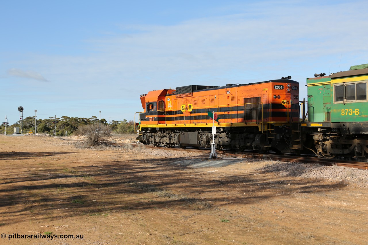 130704 0380
Kyancutta, 1200 class unit 1204 wearing current owner Genesee & Wyoming livery is a Clyde Engineering built EMD G12C model with serial 65-428 was originally built in 1965 for Western Mining Corporation and operated by the WAGR as their A class A 1514 recoded to 1204 in April 2004 and to the Eyre Peninsula in July 2004.
Keywords: 1200-class;1204;Clyde-Engineering-Granville-NSW;EMD;G12C;65-428;A-class;A1514;