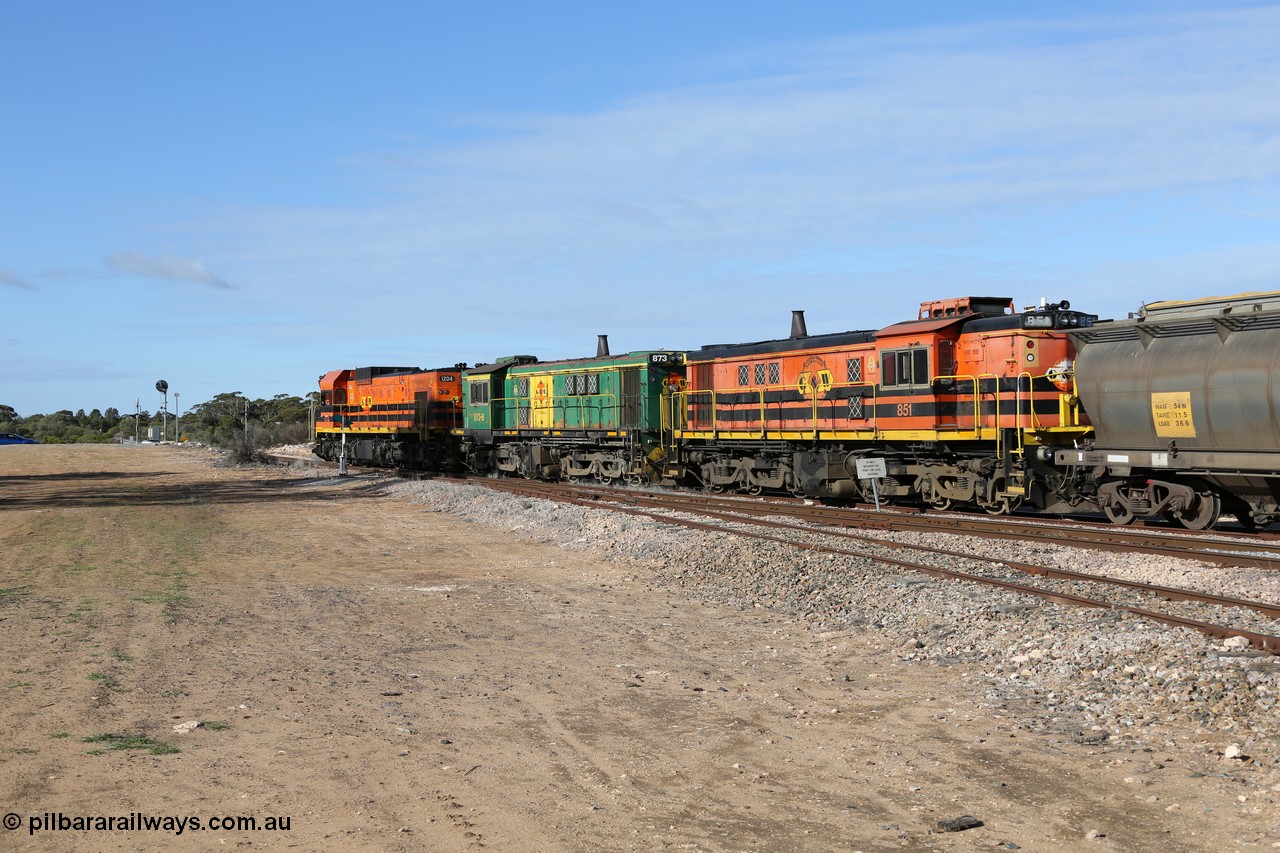 130704 0383
Kyancutta, south bound loaded grain train has stopped here to collect a loaded rack of grain waggons, seen here running out of the 'new grain siding' added in 1970 behind EMD 1204 and twin ALCo 830 units 873 and 851. 4th July 2013.
Keywords: 830-class;851;AE-Goodwin;ALCo;DL531;84137;