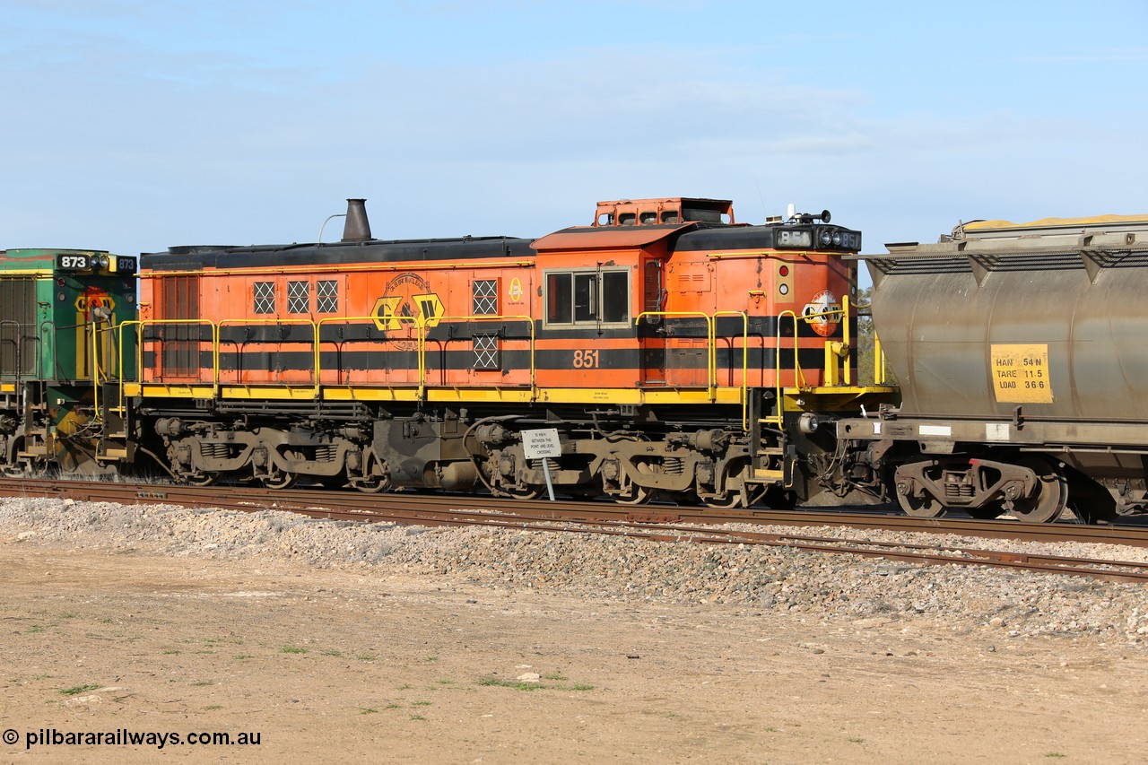 130704 0385
Kyancutta, former Australian National narrow gauge 830 class locomotive 851, an AE Goodwin built ALCo DL531 model with serial 84737 built new for the SAR in 1962 and delivered new to Port Lincoln in April 1962 wearing current owner Genesee & Wyoming's livery, it has spent it's whole working life on the Eyre Peninsula. 4th July 2013.
Keywords: 830-class;851;AE-Goodwin;ALCo;DL531;84137;