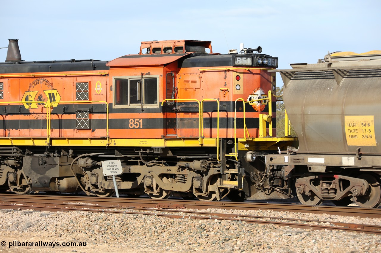 130704 0386
Kyancutta, some of the modifications are visible in this view of the cab of former Australian National narrow gauge 830 class locomotive 851, an AE Goodwin built ALCo DL531 model with serial 84737 built new for the SAR in 1962 and delivered new to Port Lincoln in April 1962 wearing current owner Genesee & Wyoming's livery, it has spent it's whole working life on the Eyre Peninsula. 4th July 2013.
Keywords: 830-class;851;AE-Goodwin;ALCo;DL531;84137;