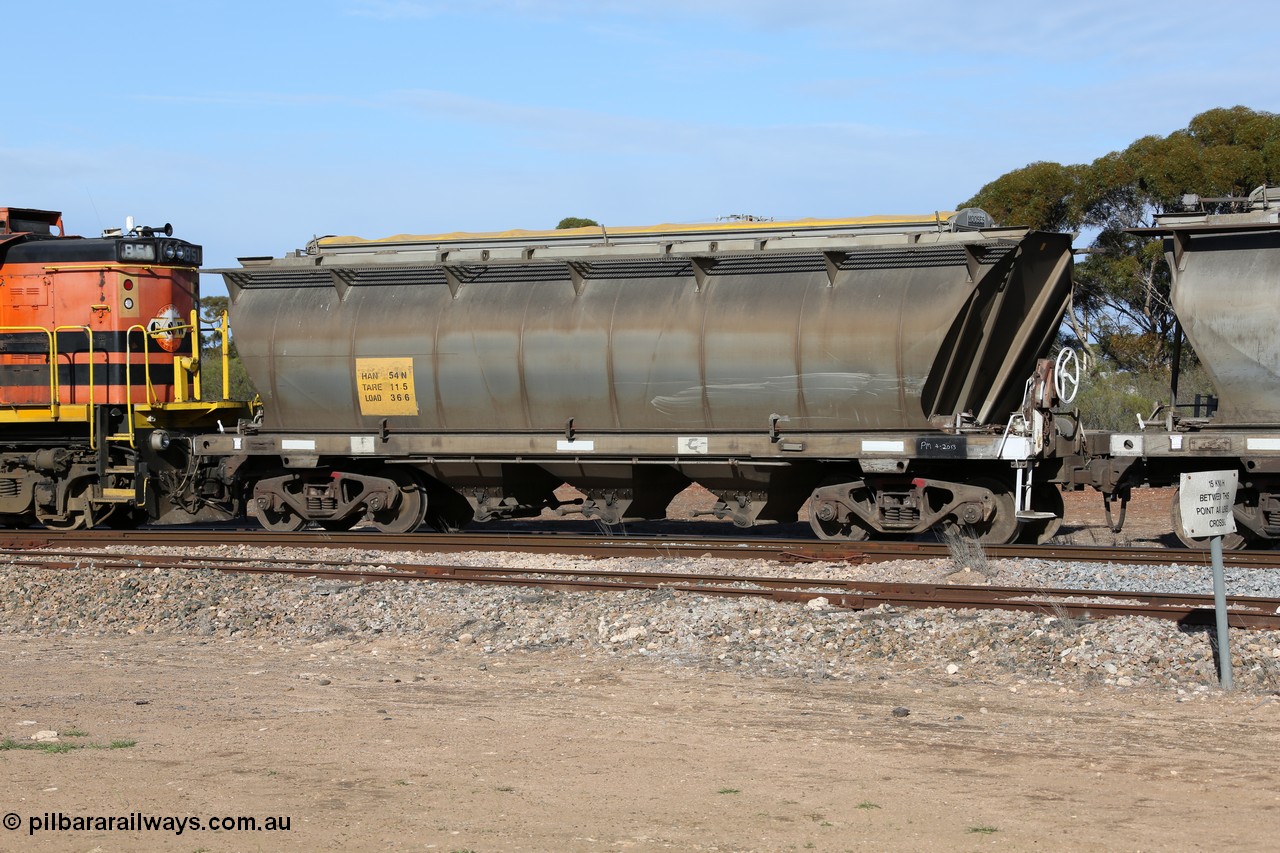 130704 0390
Kyancutta, HAN type bogie grain hopper waggon HAN 54, one of sixty eight units built by South Australian Railways Islington Workshops between 1969 and 1973 as the HAN type for the Eyre Peninsula system.
Keywords: HAN-type;HAN54;1969-73/68-54;SAR-Islington-WS;