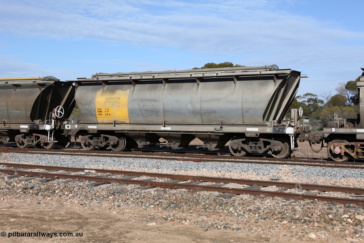 130704 0391
Kyancutta, HAN type bogie grain hopper waggon HAN 7, one of sixty eight units built by South Australian Railways Islington Workshops between 1969 and 1973 as the HAN type for the Eyre Peninsula system.
Keywords: HAN-type;HAN7;1969-73/68-7;SAR-Islington-WS;