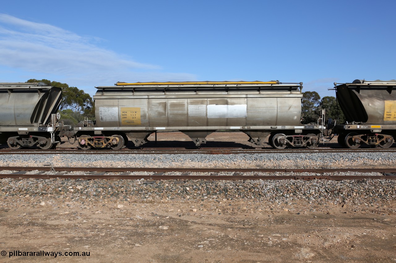 130704 0392
Kyancutta, HCN type bogie grain hopper waggon HCN 13, originally an NHB type hopper built by Tulloch Ltd for the Commonwealth Railways North Australia Railway. One of forty rebuilt by Islington Workshops 1978-79 to the HCN type with a 36 ton rating, increased to 40 tonnes in 1984. Seen here loaded with grain with a Moose Metalworks roll-top cover.
Keywords: HCN-type;HCN13;SAR-Islington-WS;rebuild;Tulloch-Ltd-NSW;NHB-type;NHB1577;